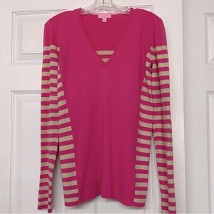 Lilly Pulitzer Adelaide Striped V-Neck Sweater Pink Tan Sz L